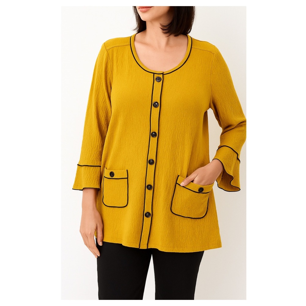 NEW Ali Miles contrast trim bell cuffs blouse Size S mustard yellow